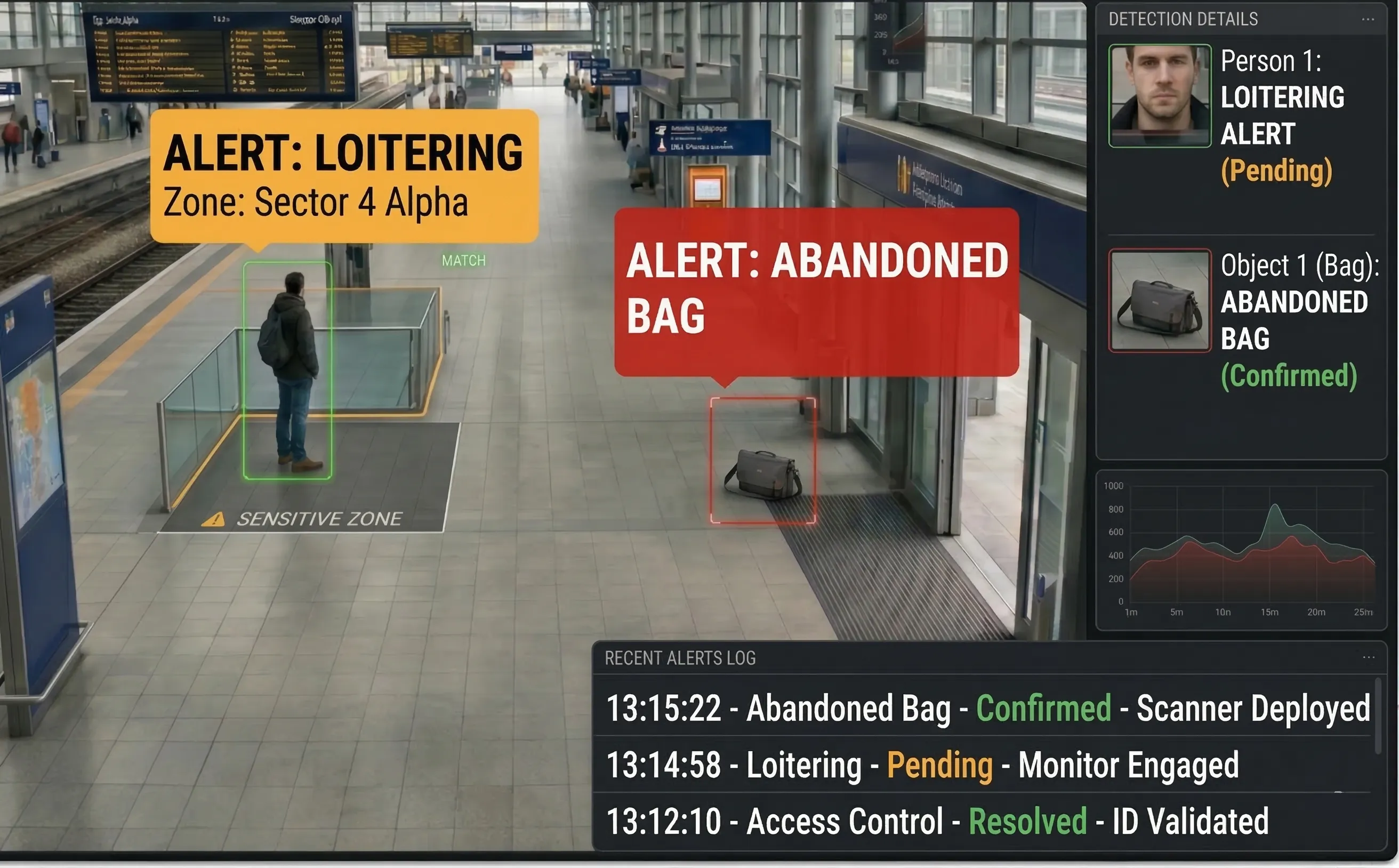 GridGuard AI detecting loitering and abandoned objects through real-time behavioral analysis