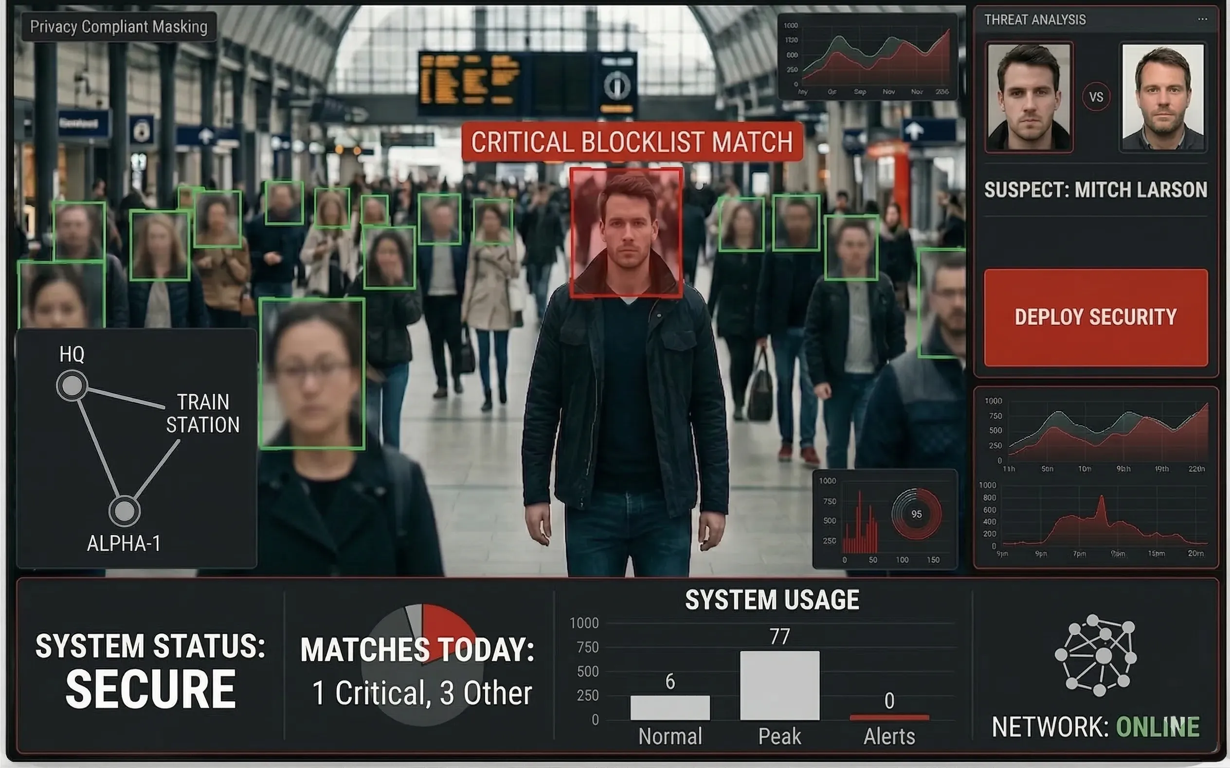 GridGuard AI facial recognition dashboard identifying and matching personnel against security databases