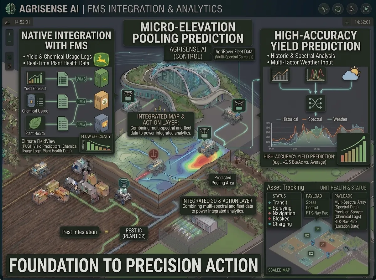 Integration interface showing AgriSense AI data flowing into industrial Farm Management Systems