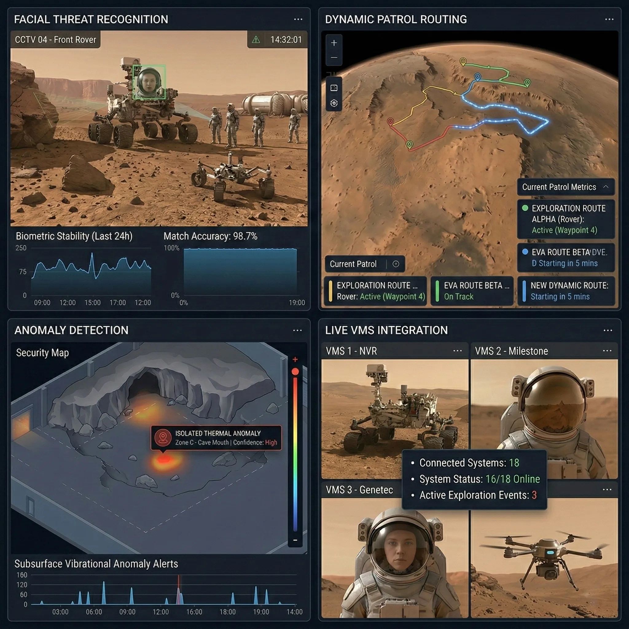 GridGuard OS: Cognitive surveillance dashboard showing real-time biometric scanning and threat alerts
