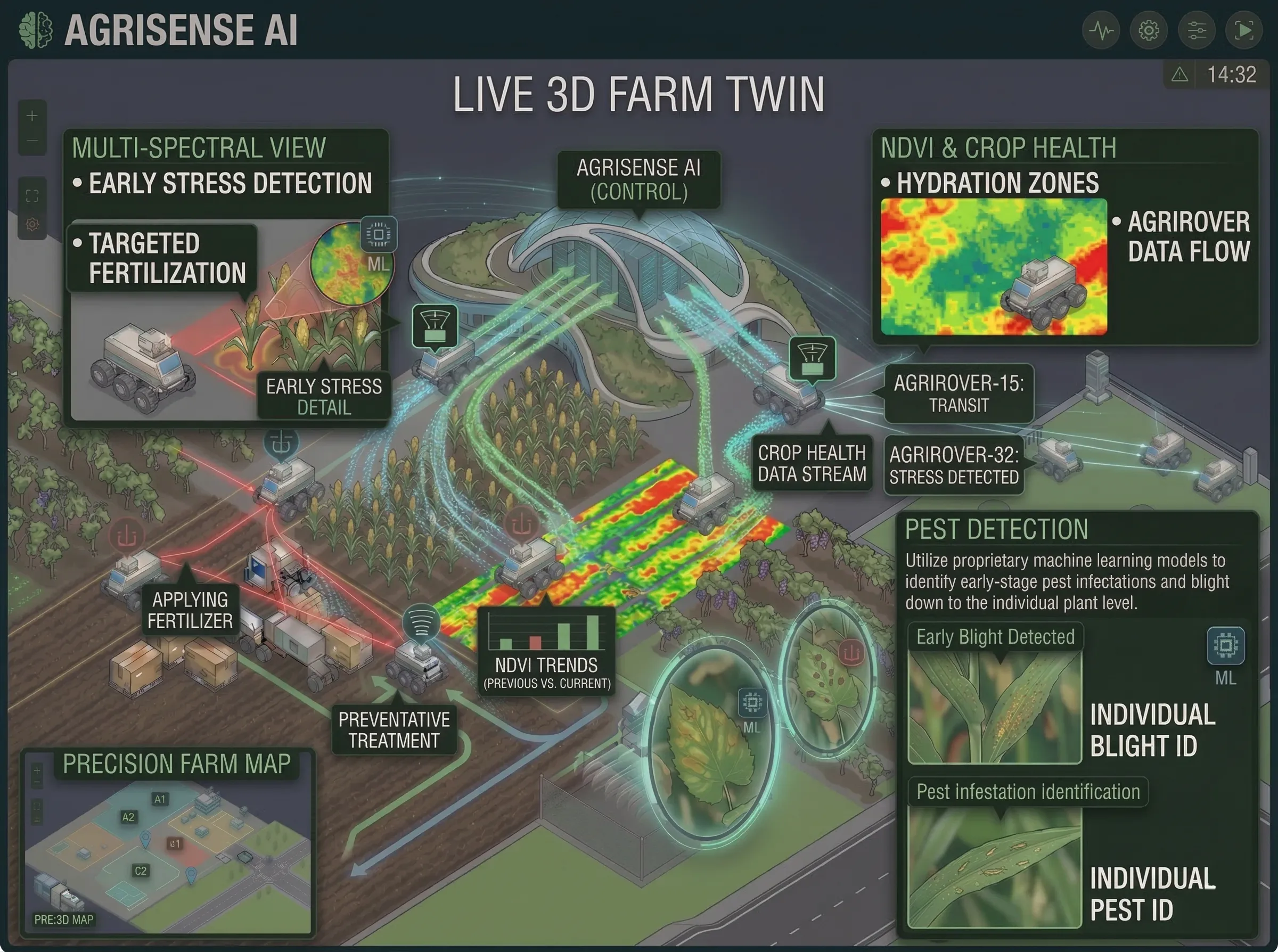 Visual representation of multi-spectral crop stress analysis and chlorophyll mapping