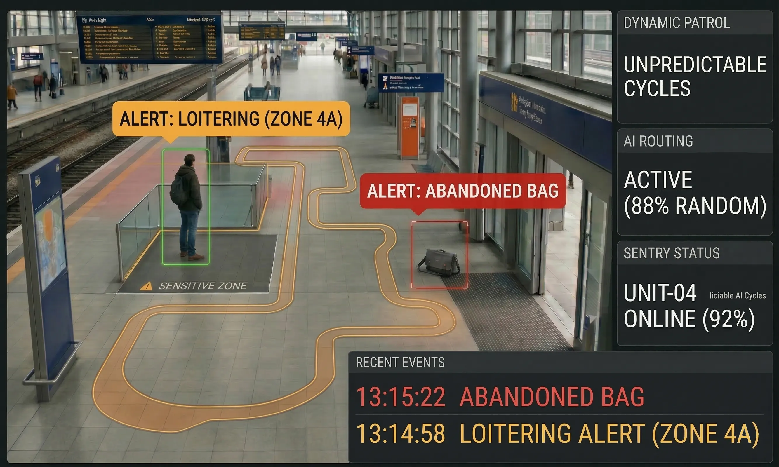 Dynamic patrol routing interface showing AI-generated unpredictable paths for Sentry robots